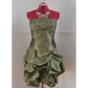Vintage Y2K Olive Green Sequin Bubble Dress - Corset Back - Size 11/12